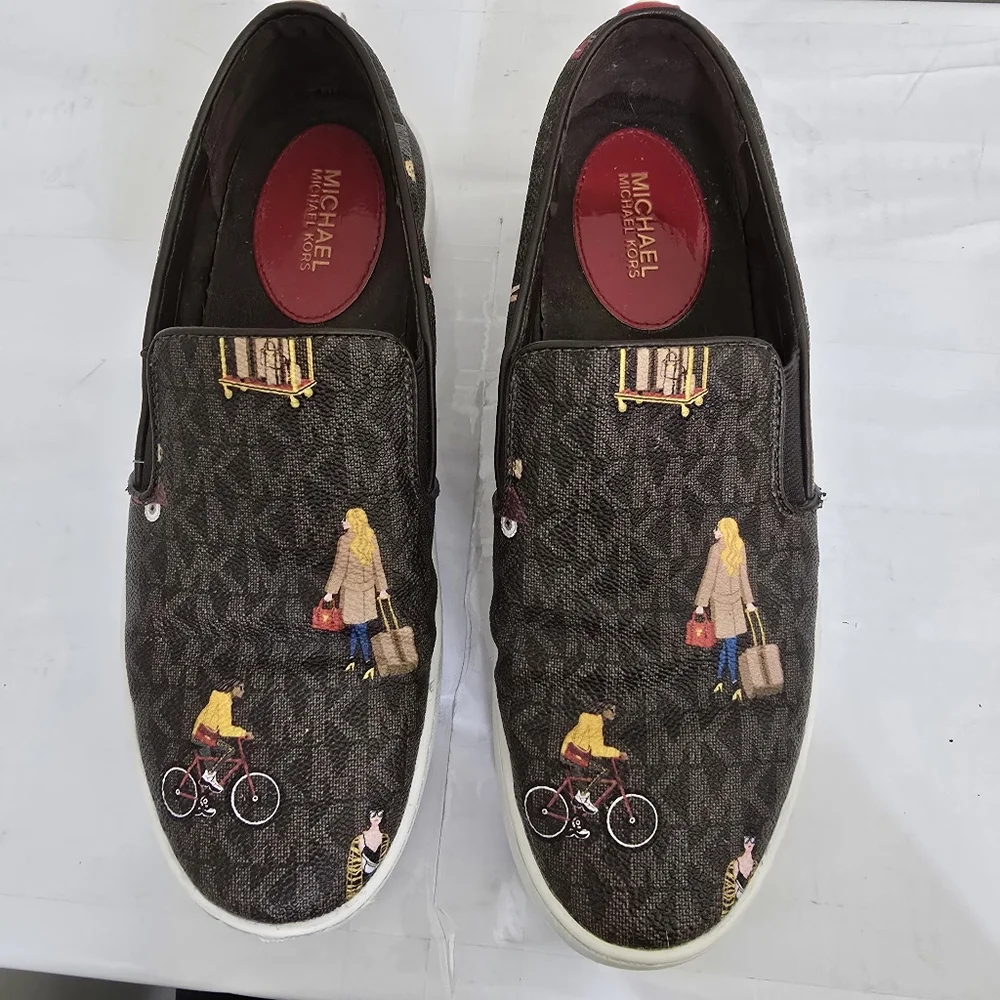 MICHAEL KORS size 7 Jet Set Trent Travel Print Logo Slip On‎ Shoes Brown